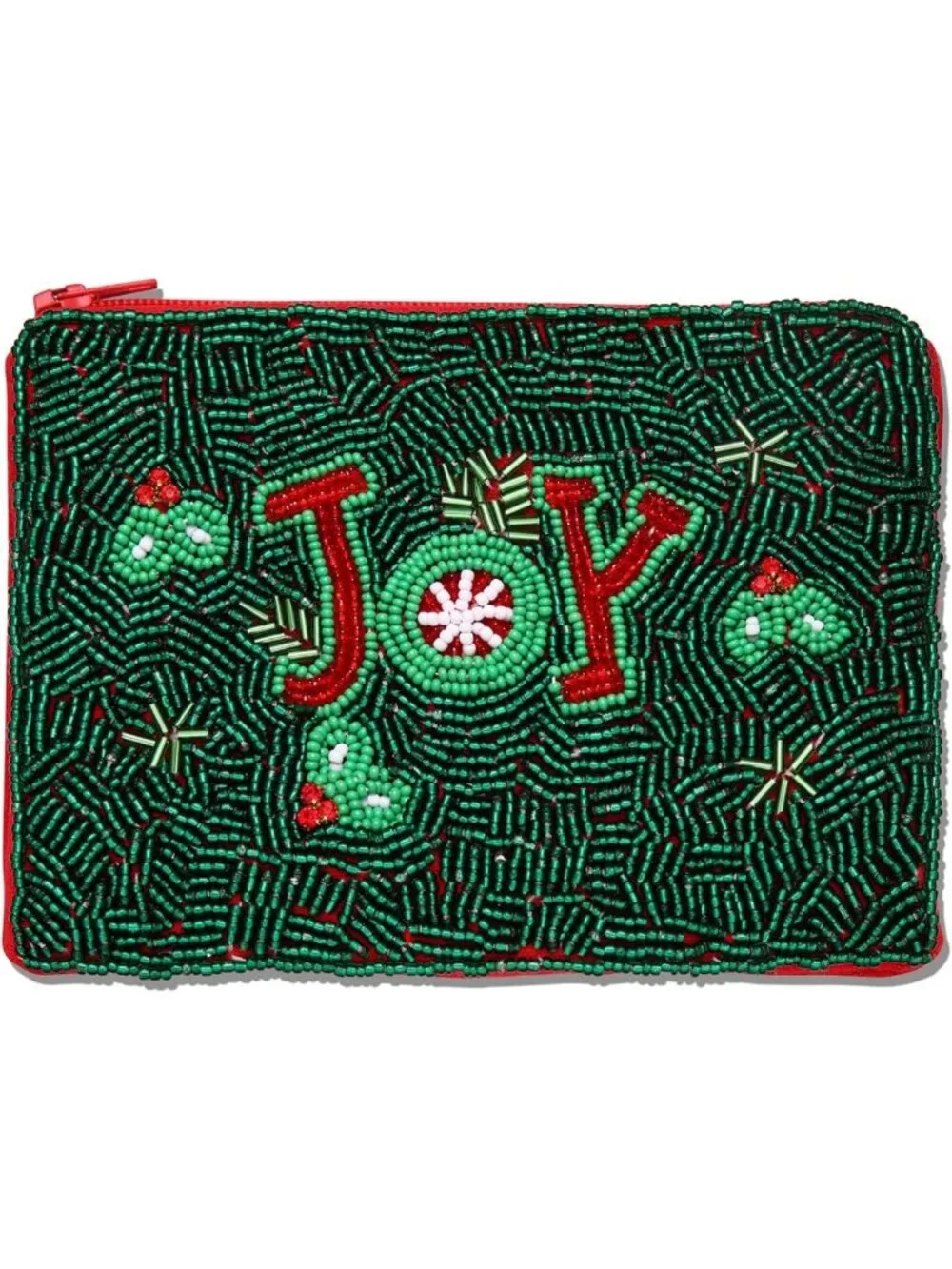 Handmade Christmas Coin Purse - Beaded Holly Jolly Wallet for Women, Zipper